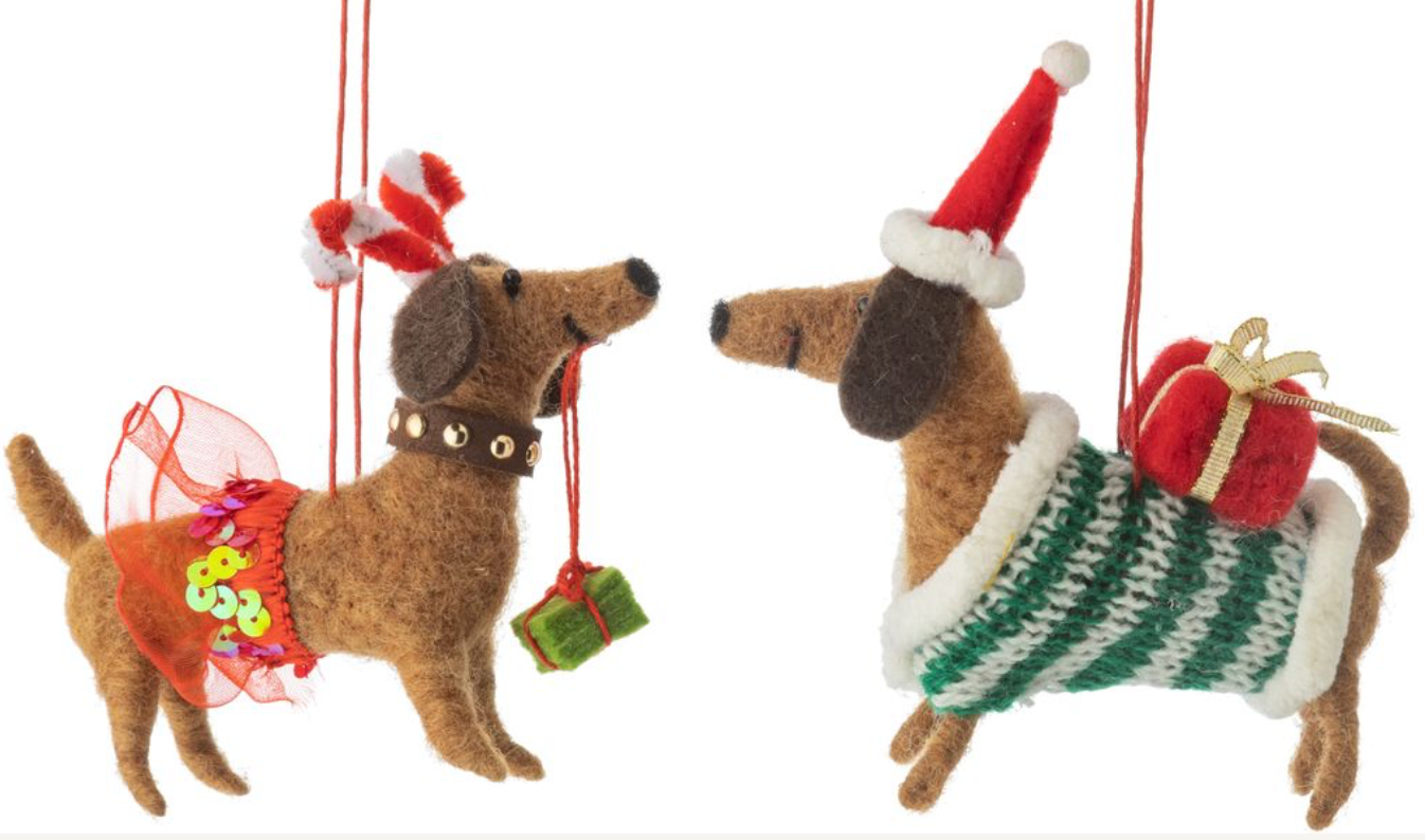 brown dachshund with present felt ornament