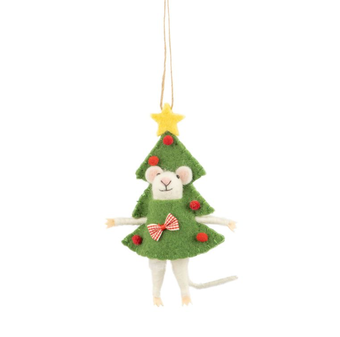 felt mouse ornament dressed as a Christmas tree