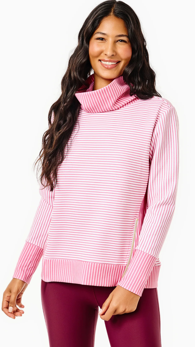 Polished Double Knit Zip Everyday Pullover-SUPER WHITE/ROSE STRIPE