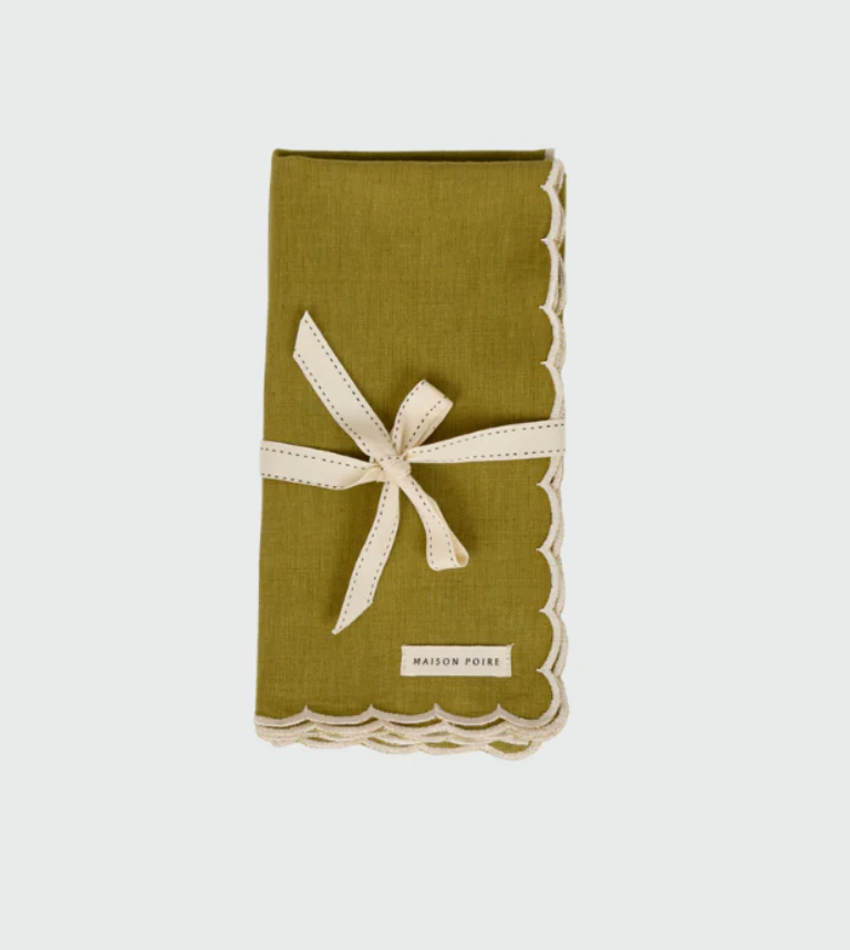 Olive Napkin with Cream Scalloped Edge