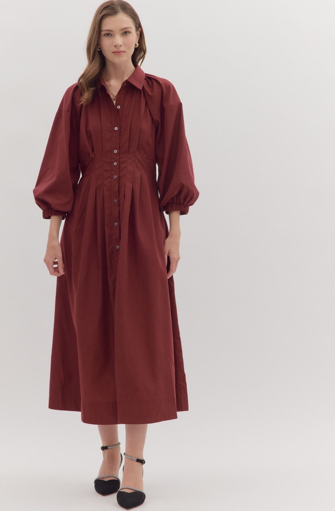 Garnet Solid long sleeve Midi dress