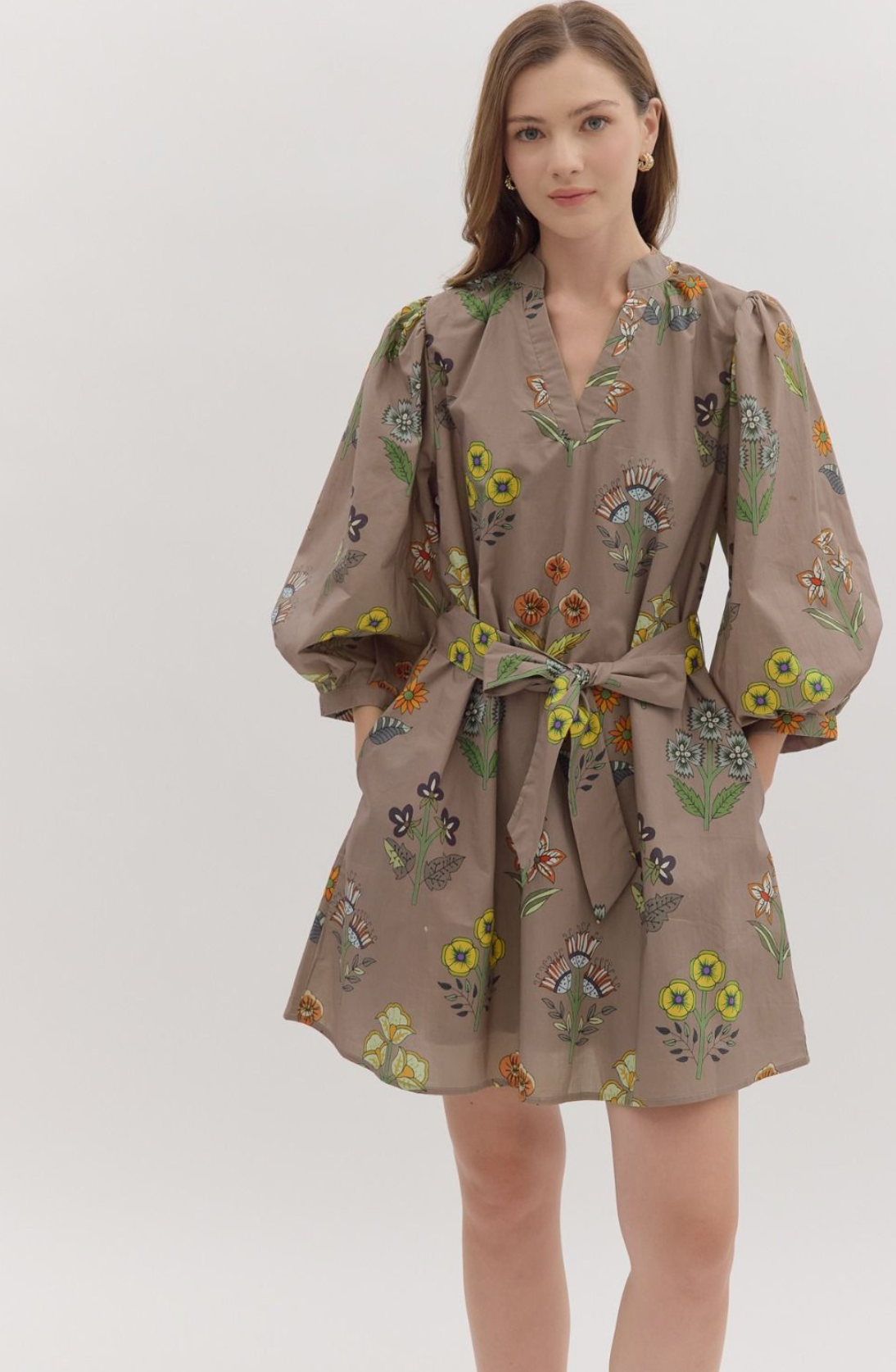 Botanical print V-neck mini dress