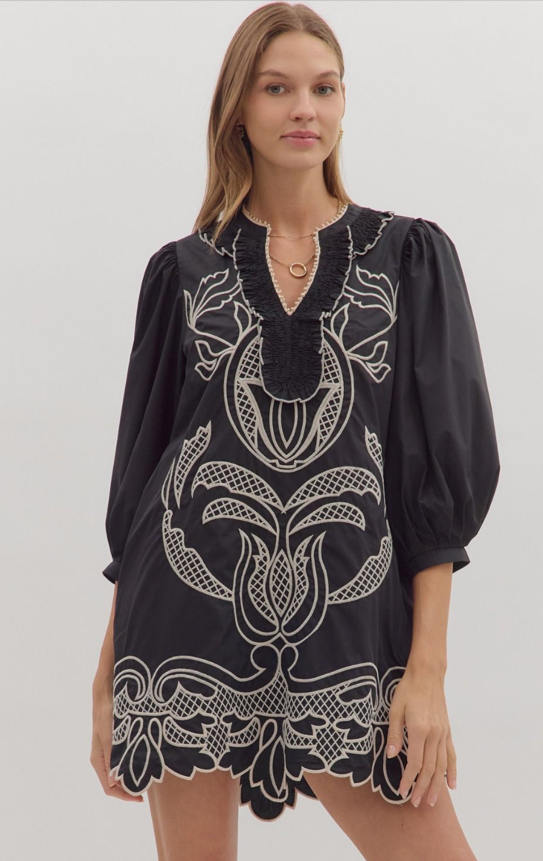 Black puff half sleeve mini dress