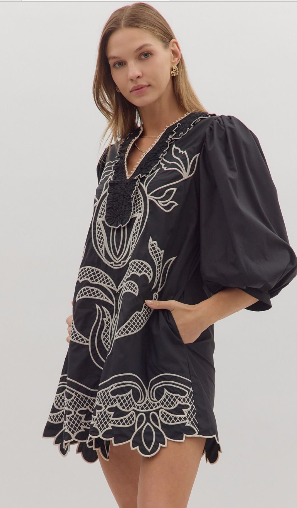 Black puff half sleeve mini dress