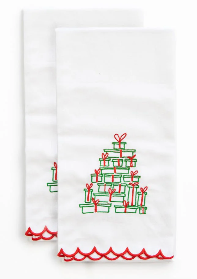 Pomegranate Embroidered Christmas Tree of Gifts Tea Towels