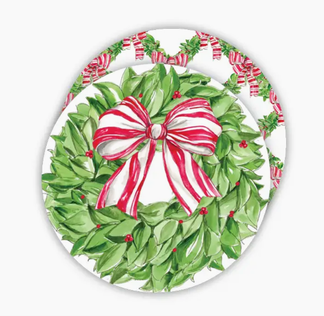 Christmas Wreath Berries Red Striped Bow Round Coaster