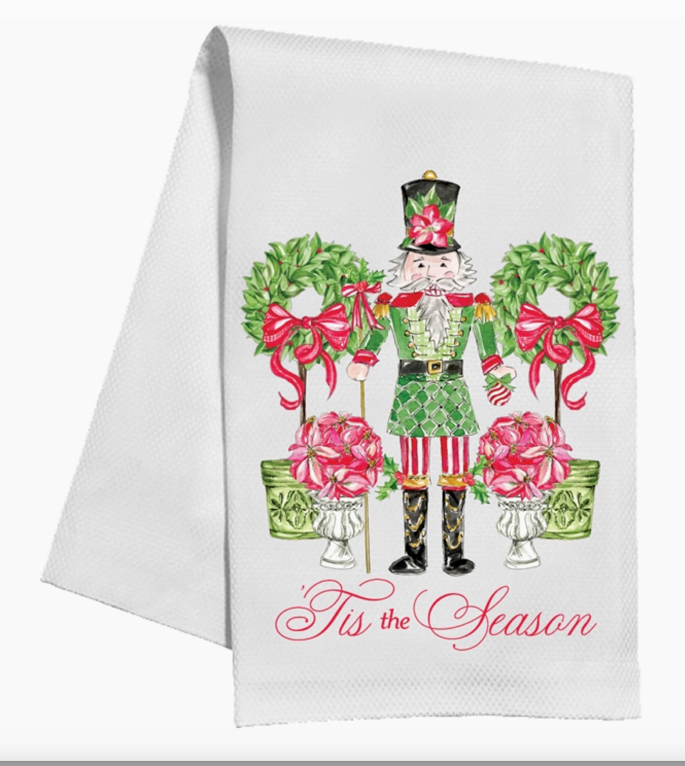 Tis the Season Poinsettia Nutcracker Topiaries Kitchen Towel