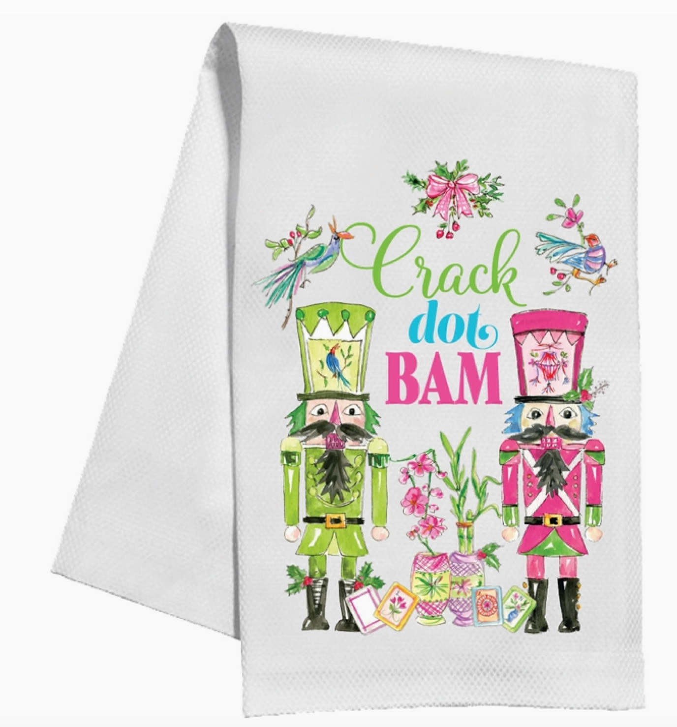 Crack Dot Bam Pink Green Nutcrackers Mahjong Kitchen Towel