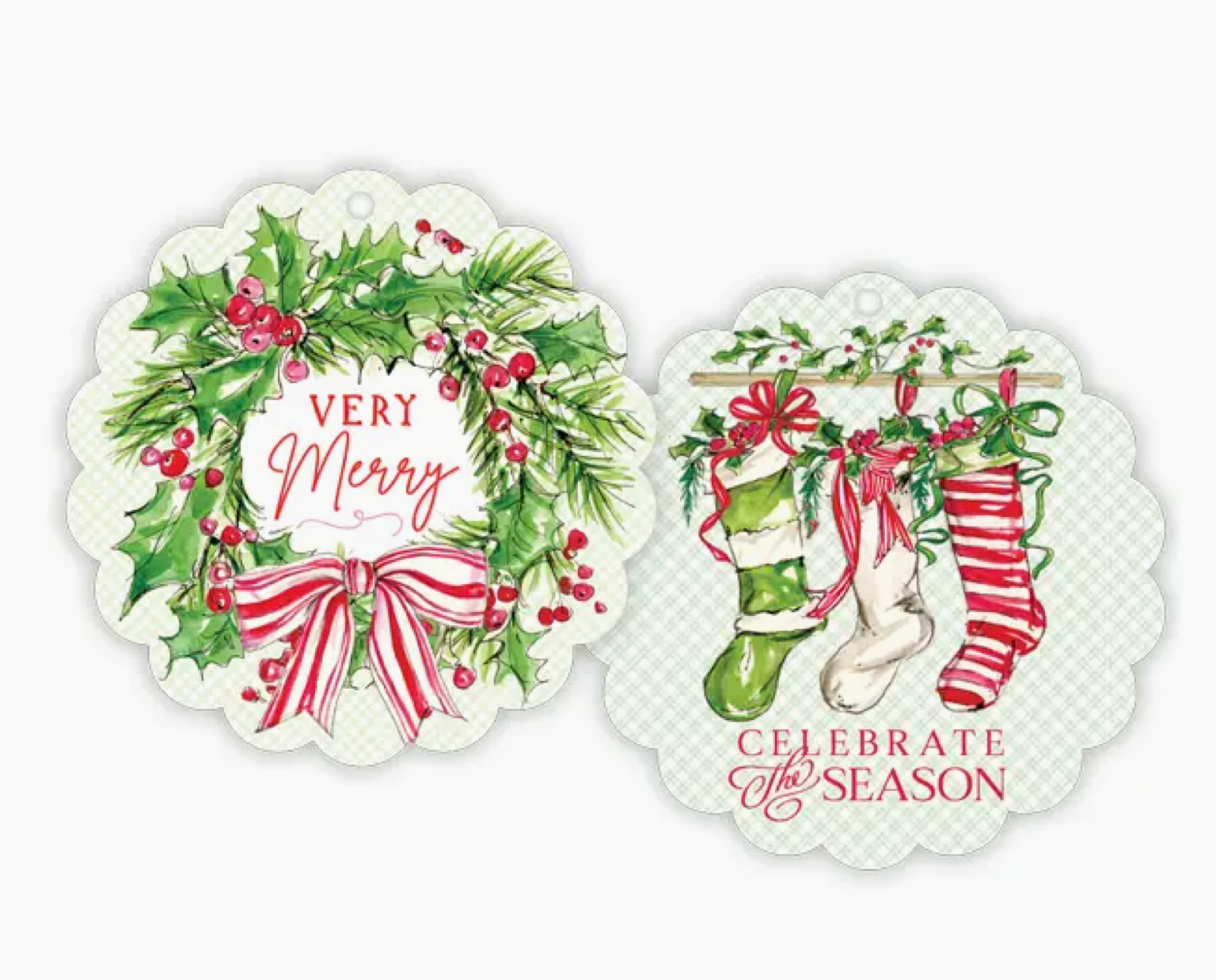 Very Merry Wreath with Striped Red Bow Scalloped Gift Tags