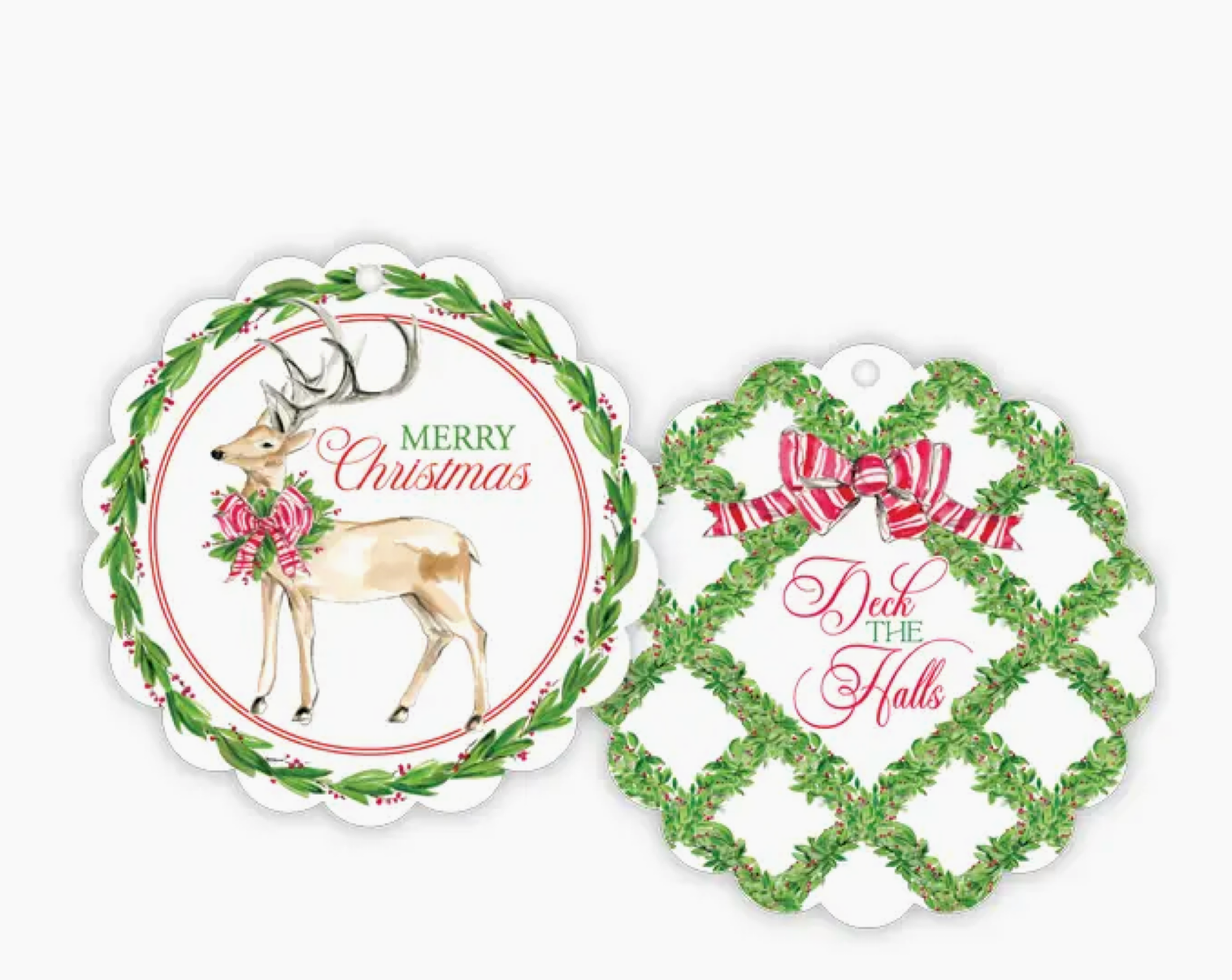 Deer with Holly and Red Bow Red Striped Bow and Holly Border