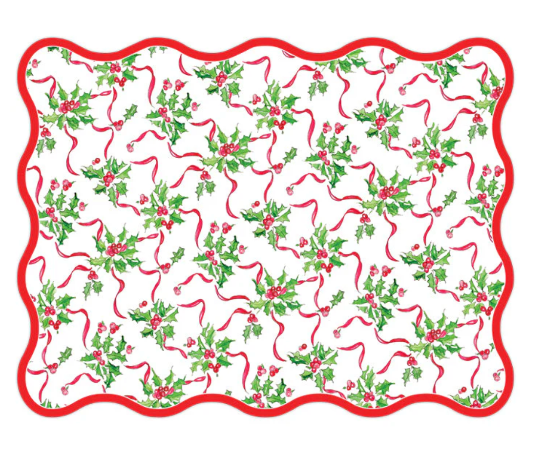 Holly Berry and Red Ribbon Wavy Edge Posh Die-Cut Placemats