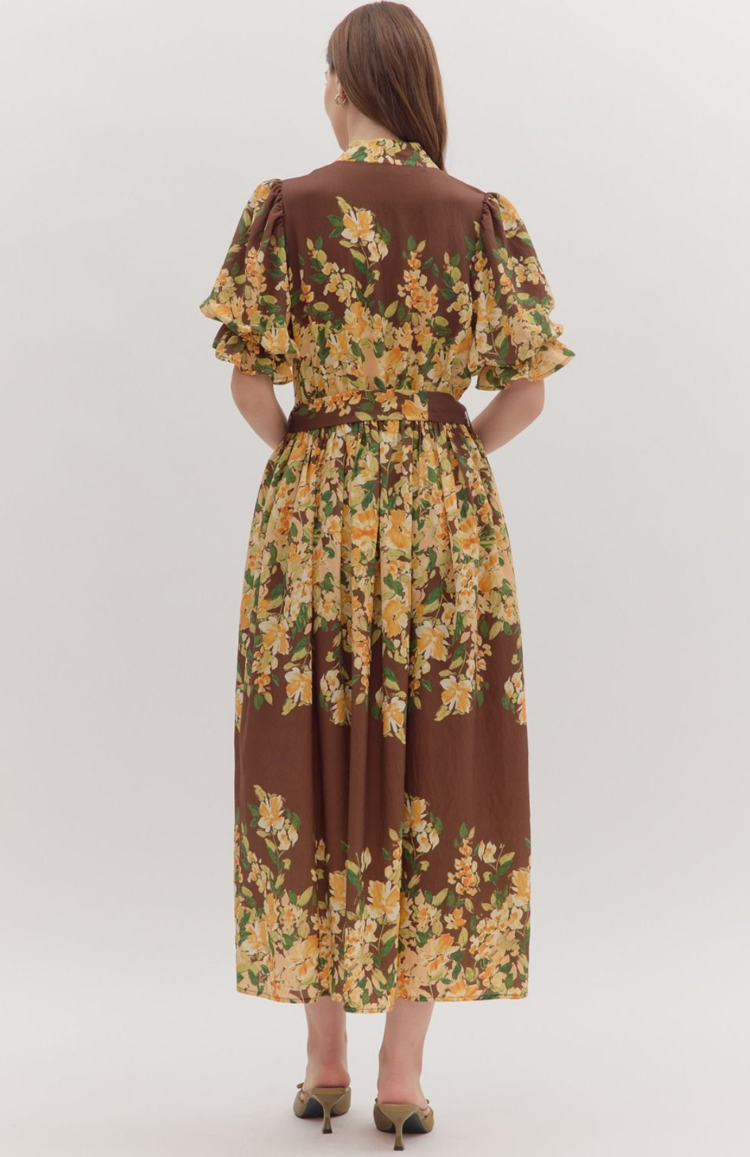 Floral short puff sleeve midi dress