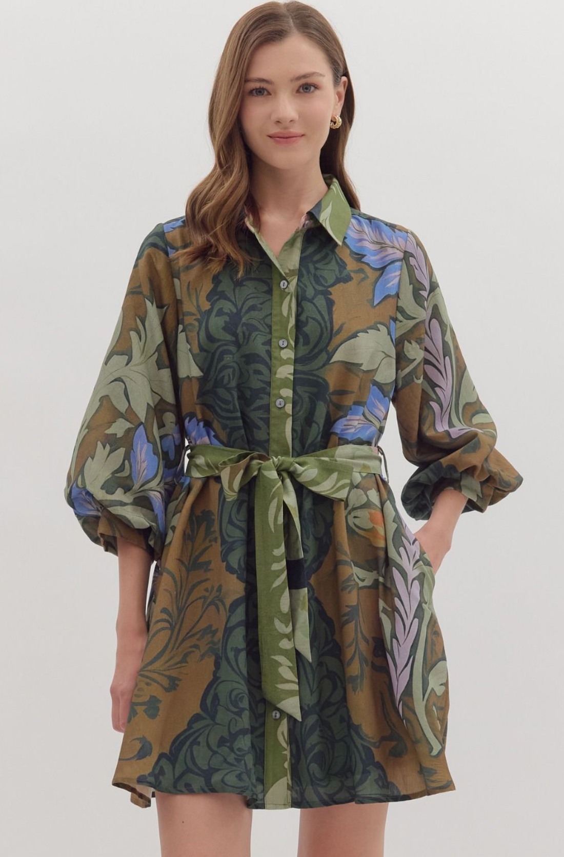 Botanical print long sleeve mini dress