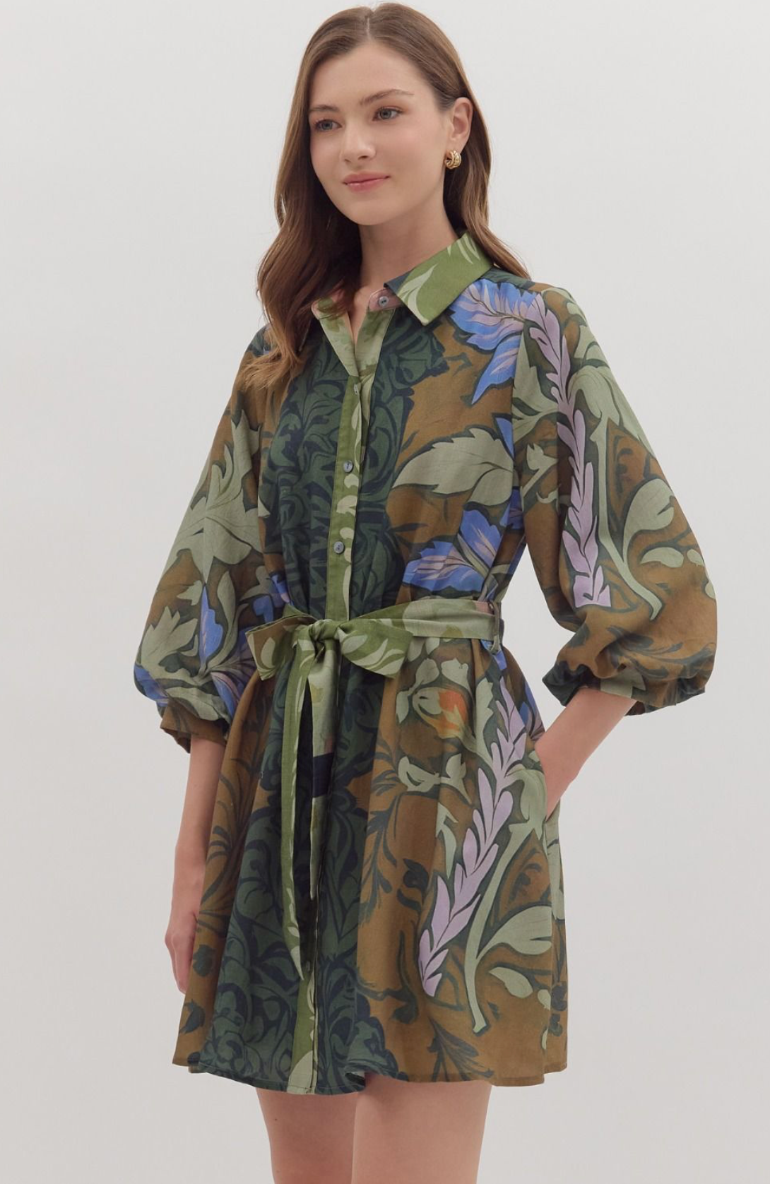 Botanical print long sleeve mini dress