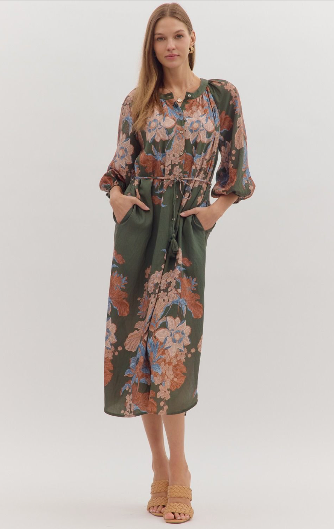 Floral print long sleeve midi dress