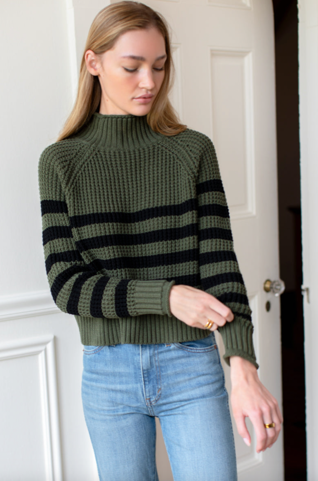 Emerson Fry Boxy Funnel Neck Sweater- Army and Black Stripe