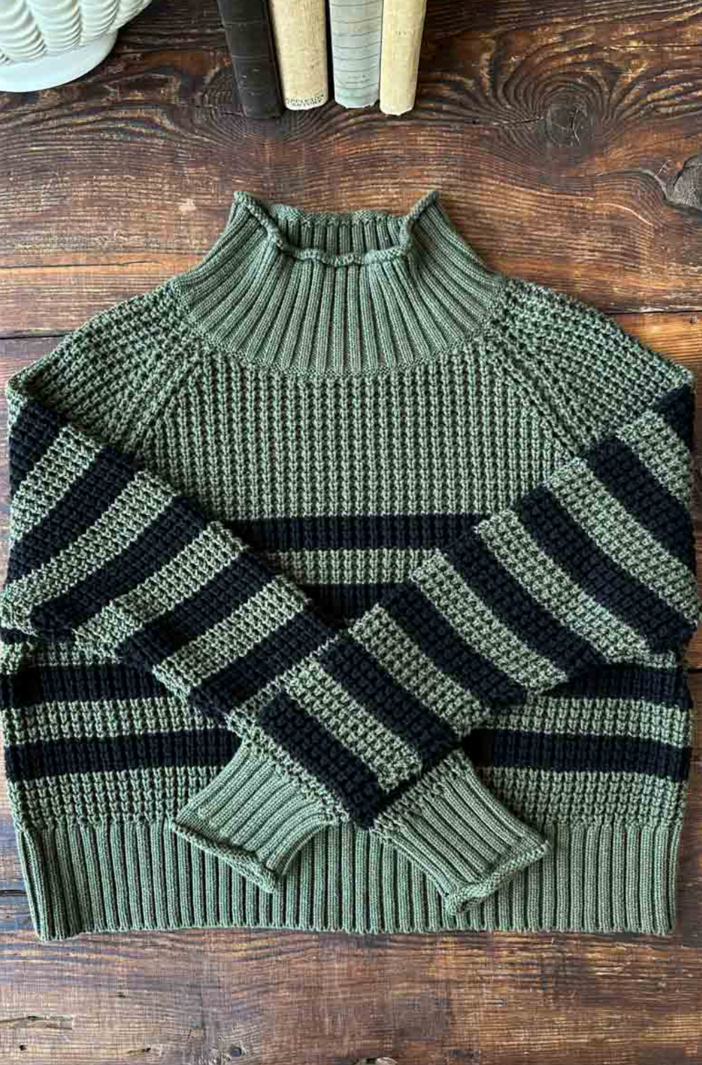 Emerson Fry Boxy Funnel Neck Sweater- Army and Black Stripe