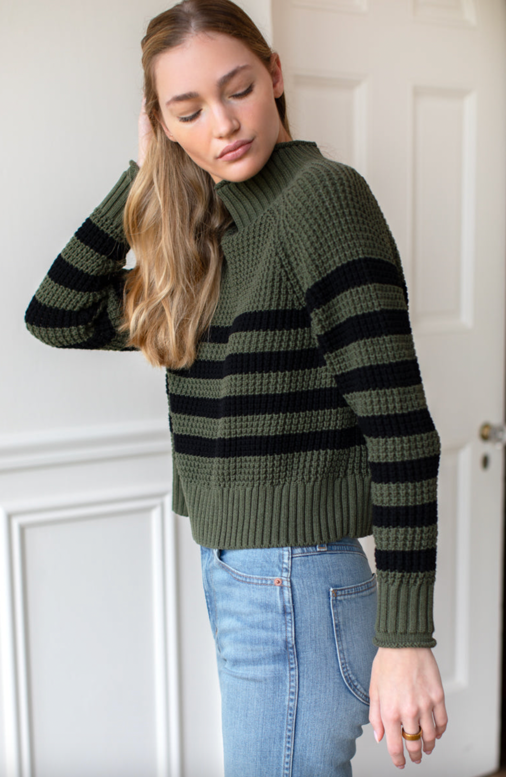 Emerson Fry Boxy Funnel Neck Sweater- Army and Black Stripe