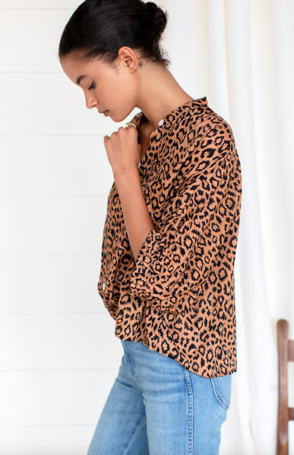 Emerson Fry Mandarin Collar Top- Vintage Leopard Organic OS