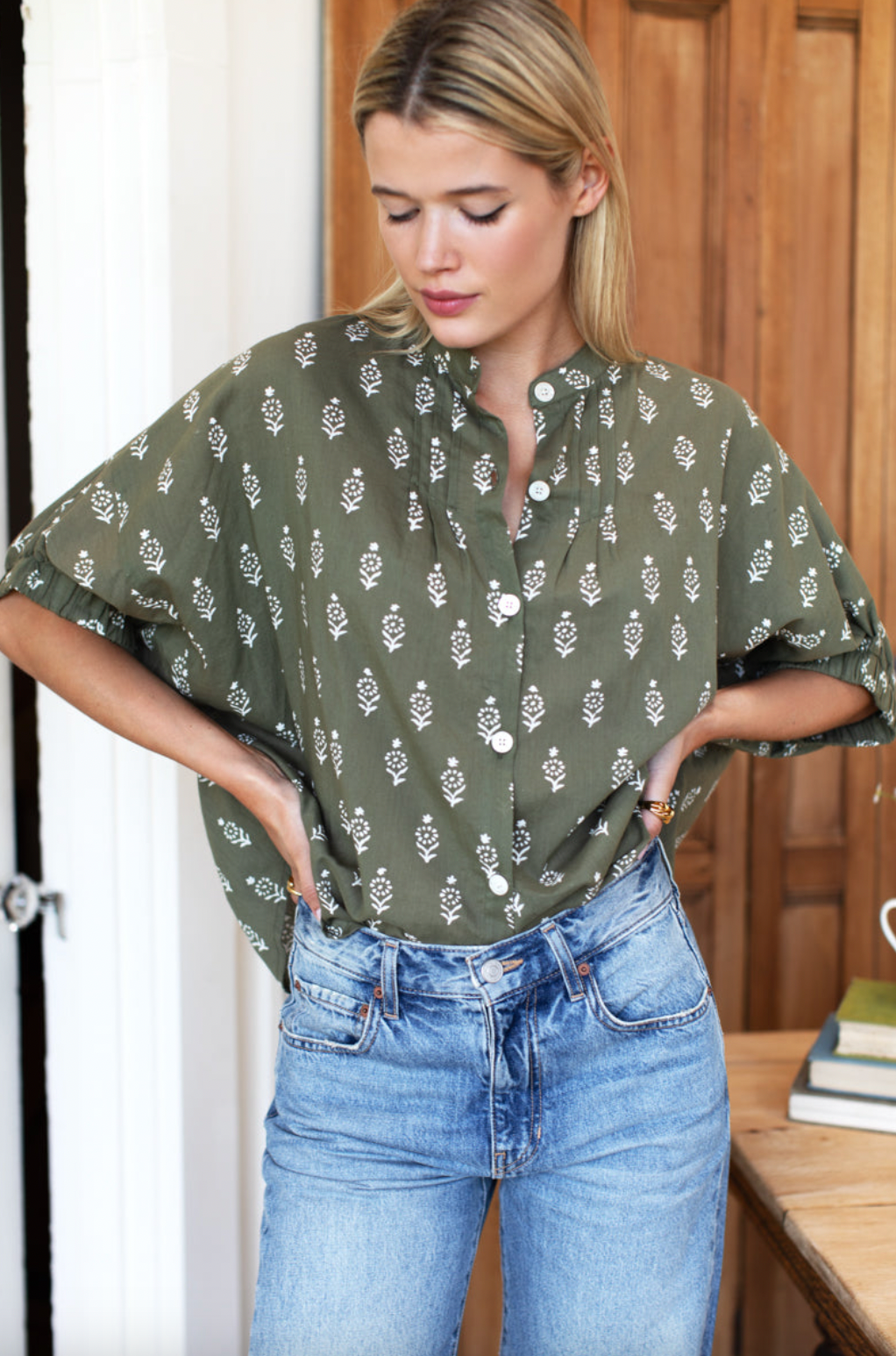 Emerson Fry Mandarin Collar Top- Marguerite 2 Gothic Olive OrganicOS