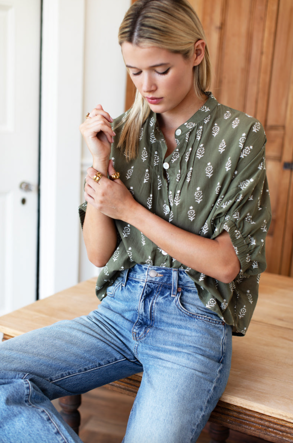 Emerson Fry Mandarin Collar Top- Marguerite 2 Gothic Olive OrganicOS