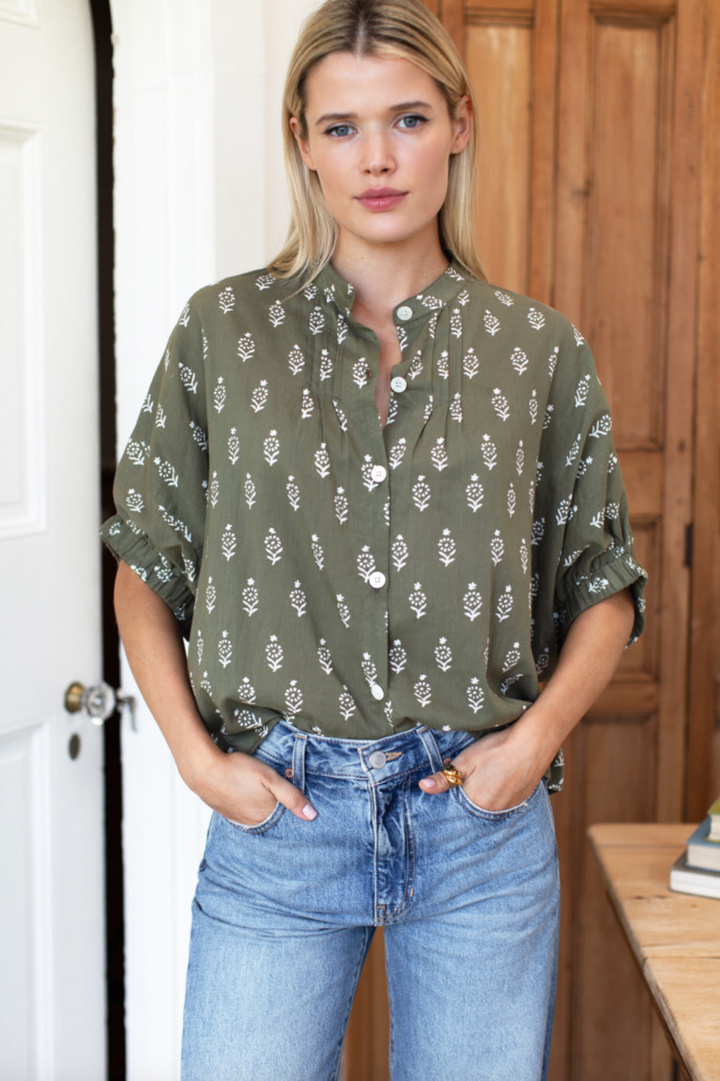 Emerson Fry Mandarin Collar Top- Marguerite 2 Gothic Olive OrganicOS