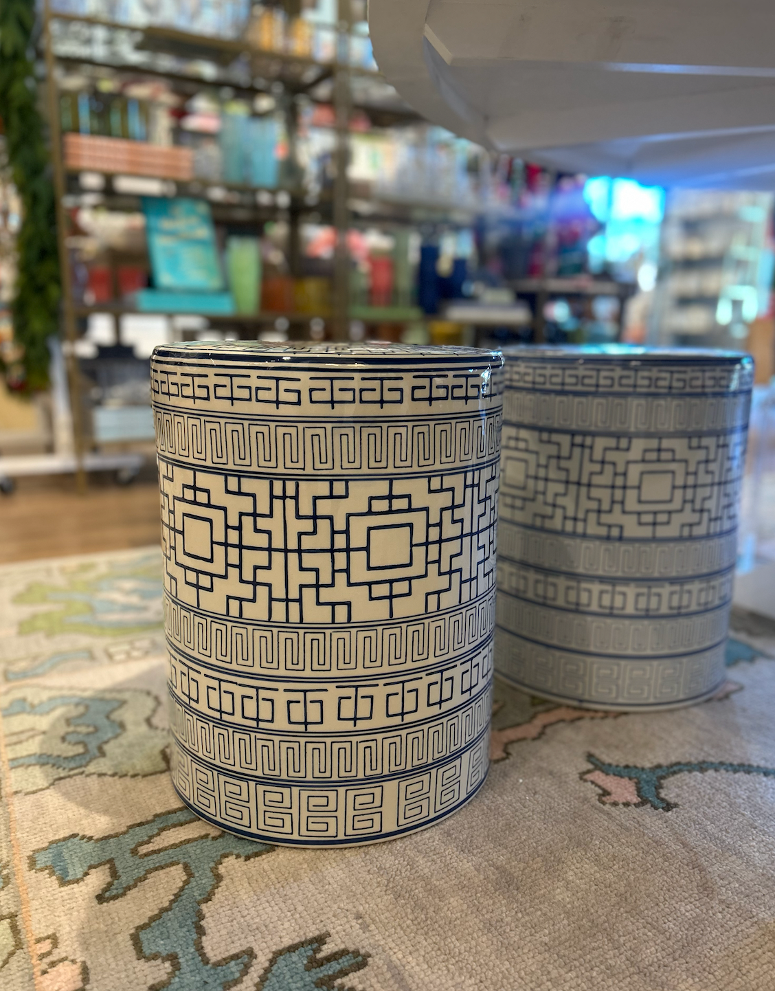 Geometric Blue and White Garden Stool