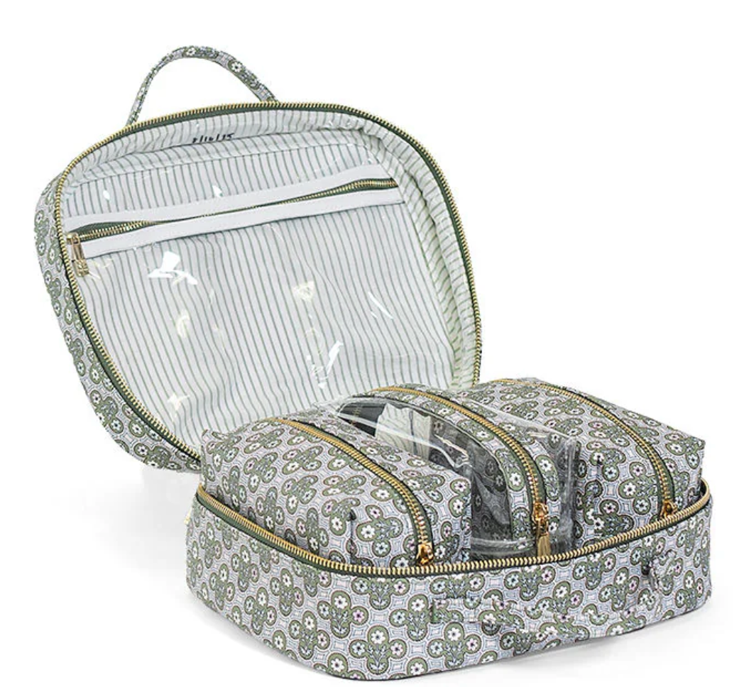 Luxe Travel Cosmetic Toiletry Case Surrey with Green Pinstripe liner