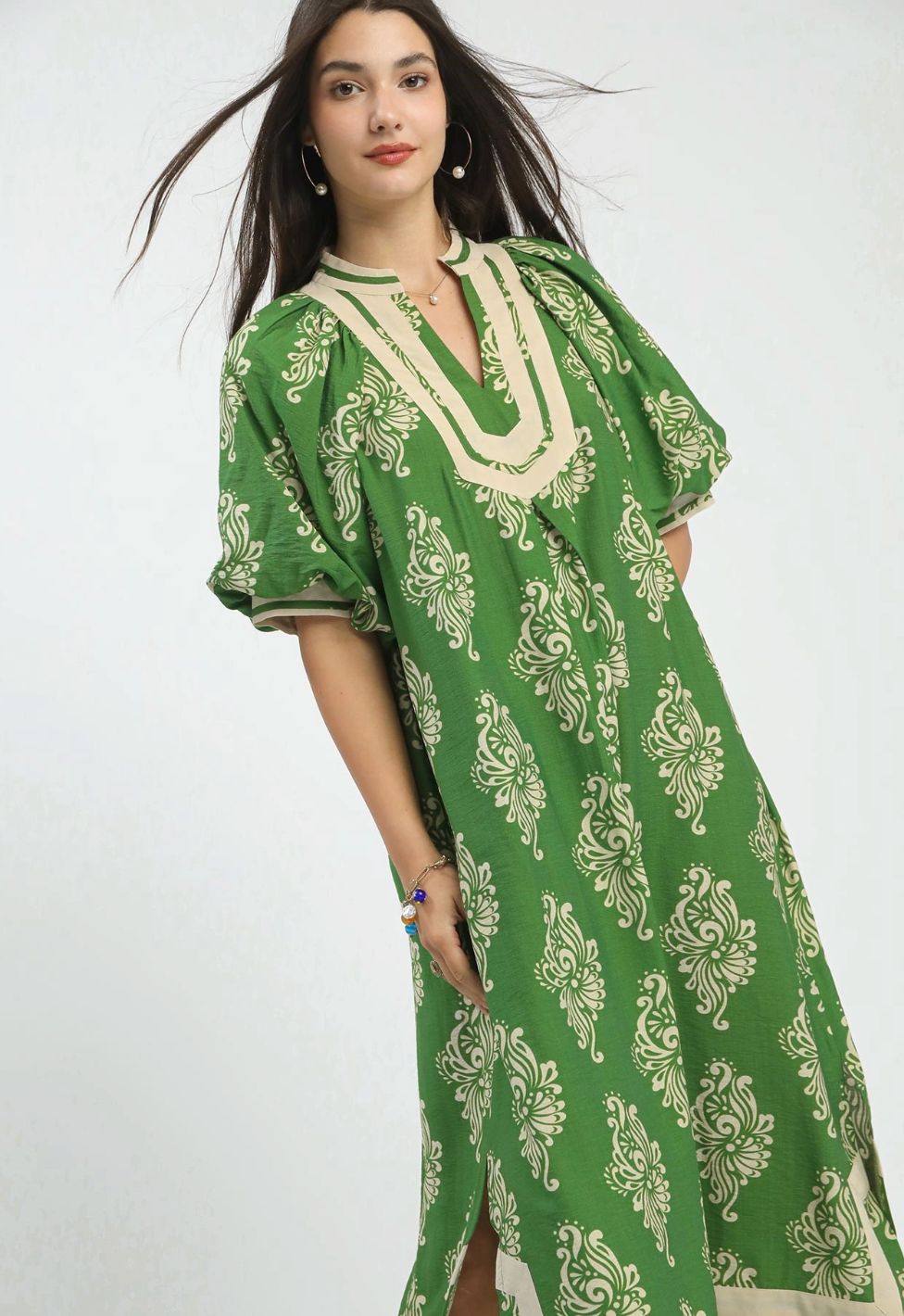 Midi Block Print Dress- Green