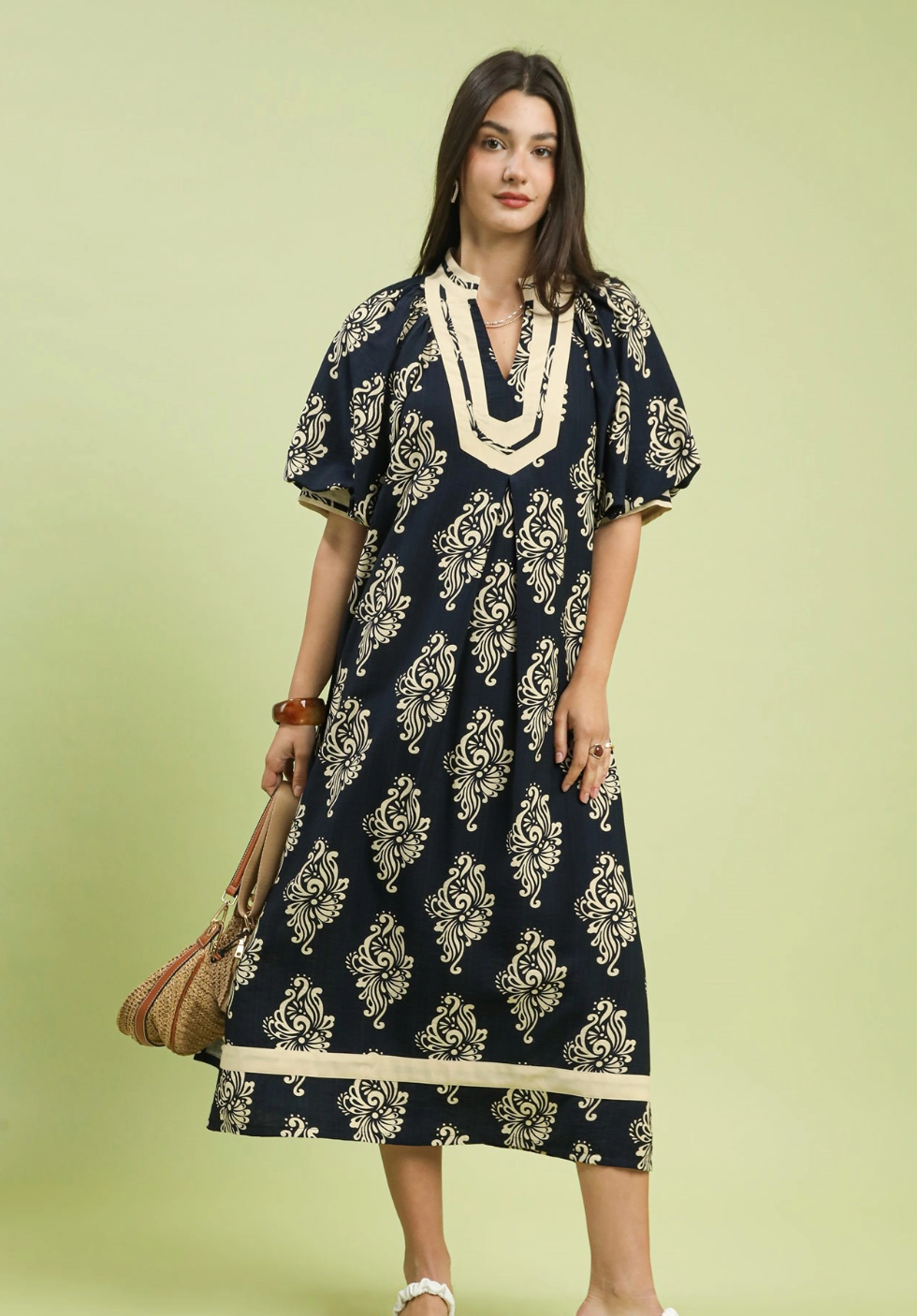 Midi Block Print Dress- Navy