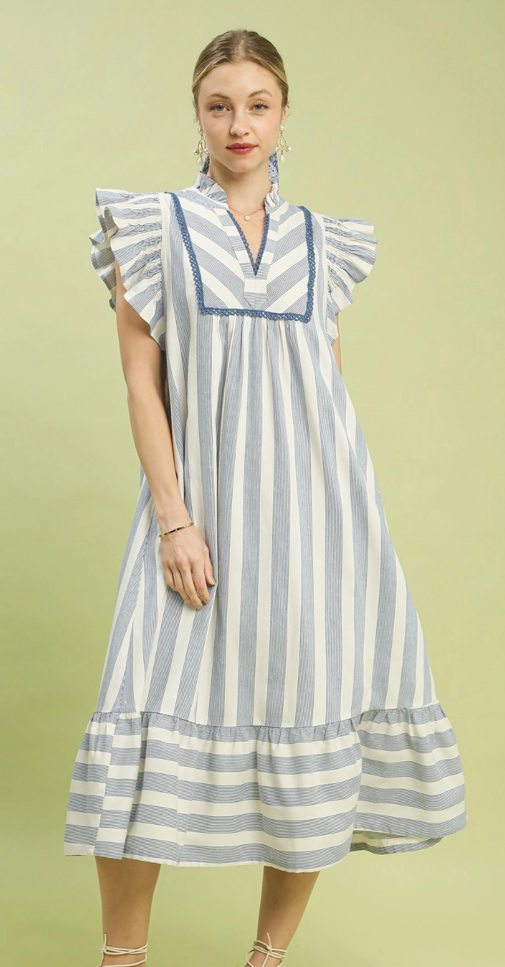 Stripe Ruffle Sleeve Tiered Midi Dress