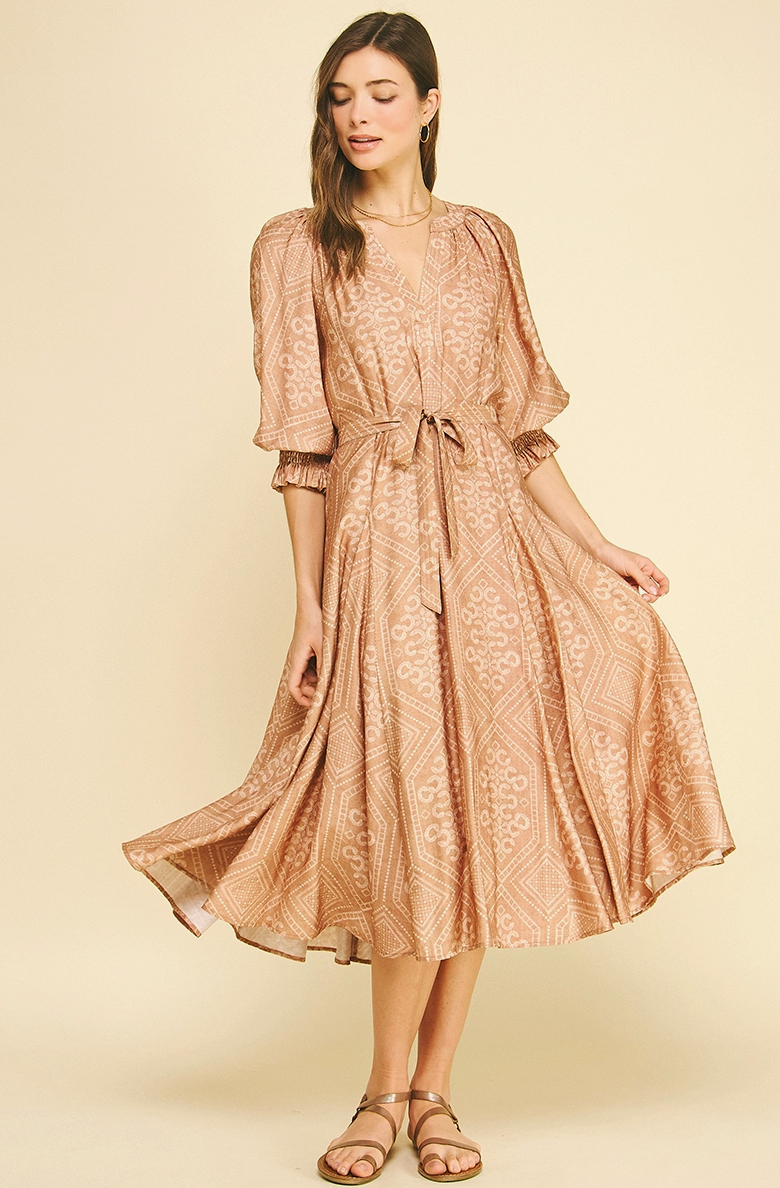 Geometric Print V-Neck Midi Dress