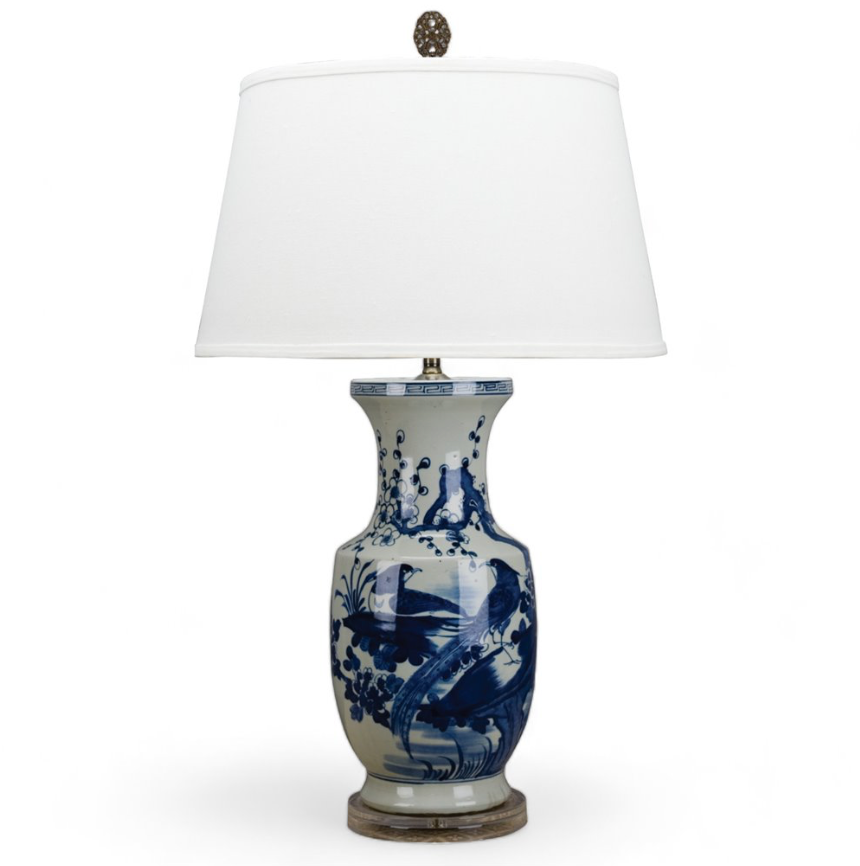 Blue and White Flower and Bird Vase Lamp
