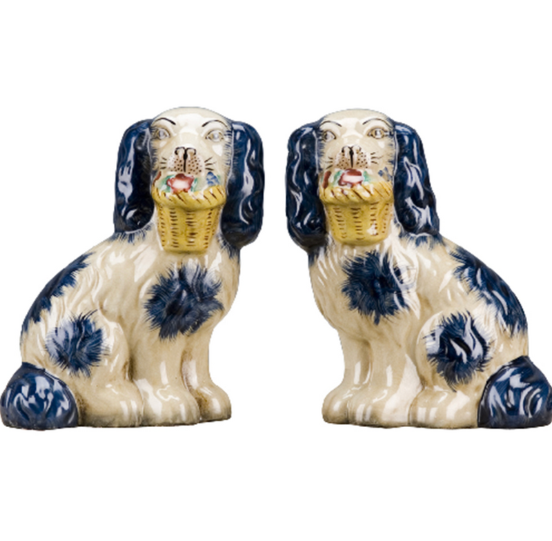 Flower Basket Blue and White Dogs Pair