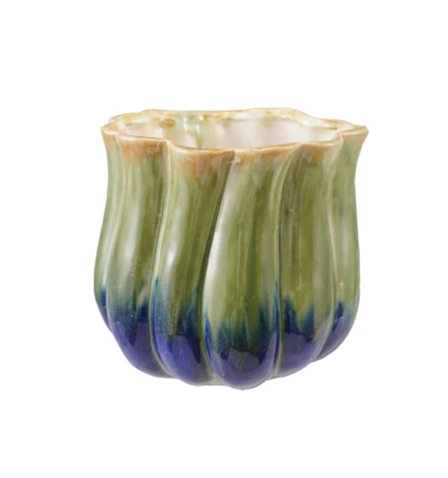 Stoneware Two-Tone Fluted Planter, Green & Blue