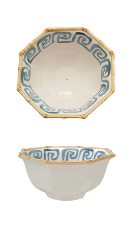 Hand-Painted Stoneware Octagon Shaped Bowl