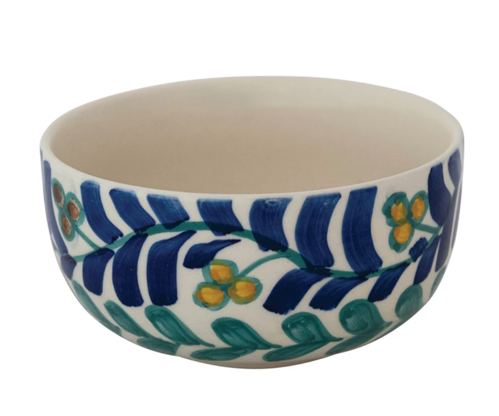 Hand-Painted Stoneware Bowl with Vines Design