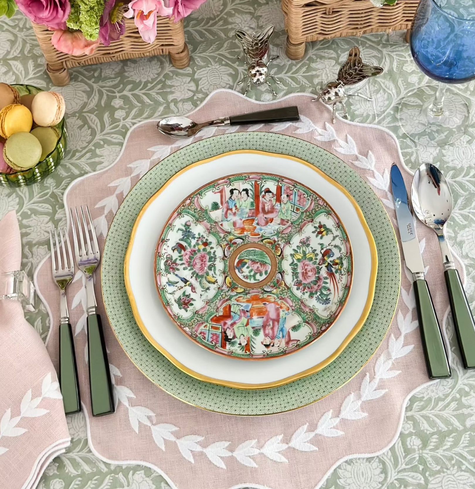 Light green print tablecloth