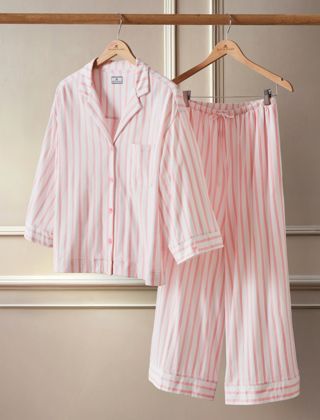 The Olivia Wide Leg Pima Pajama Set in Pink Stripe