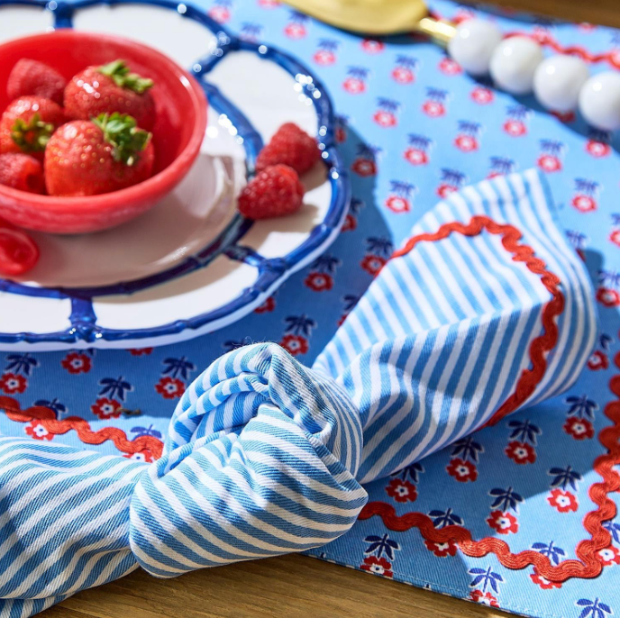 Blue Stripe with Red Ric Rac Trim Cloth Dinner Napkins
