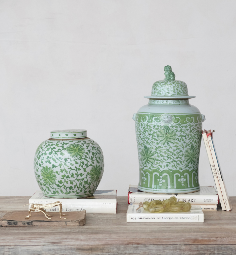 Stoneware Green Ginger Jar w/ Floral Pattern & Foo Dog