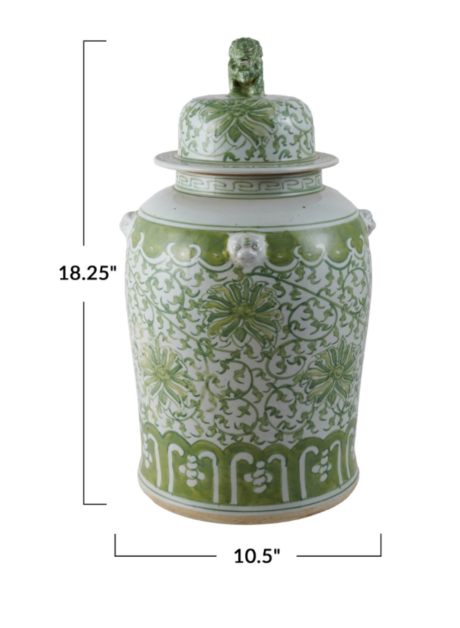 Stoneware Green Ginger Jar w/ Floral Pattern & Foo Dog