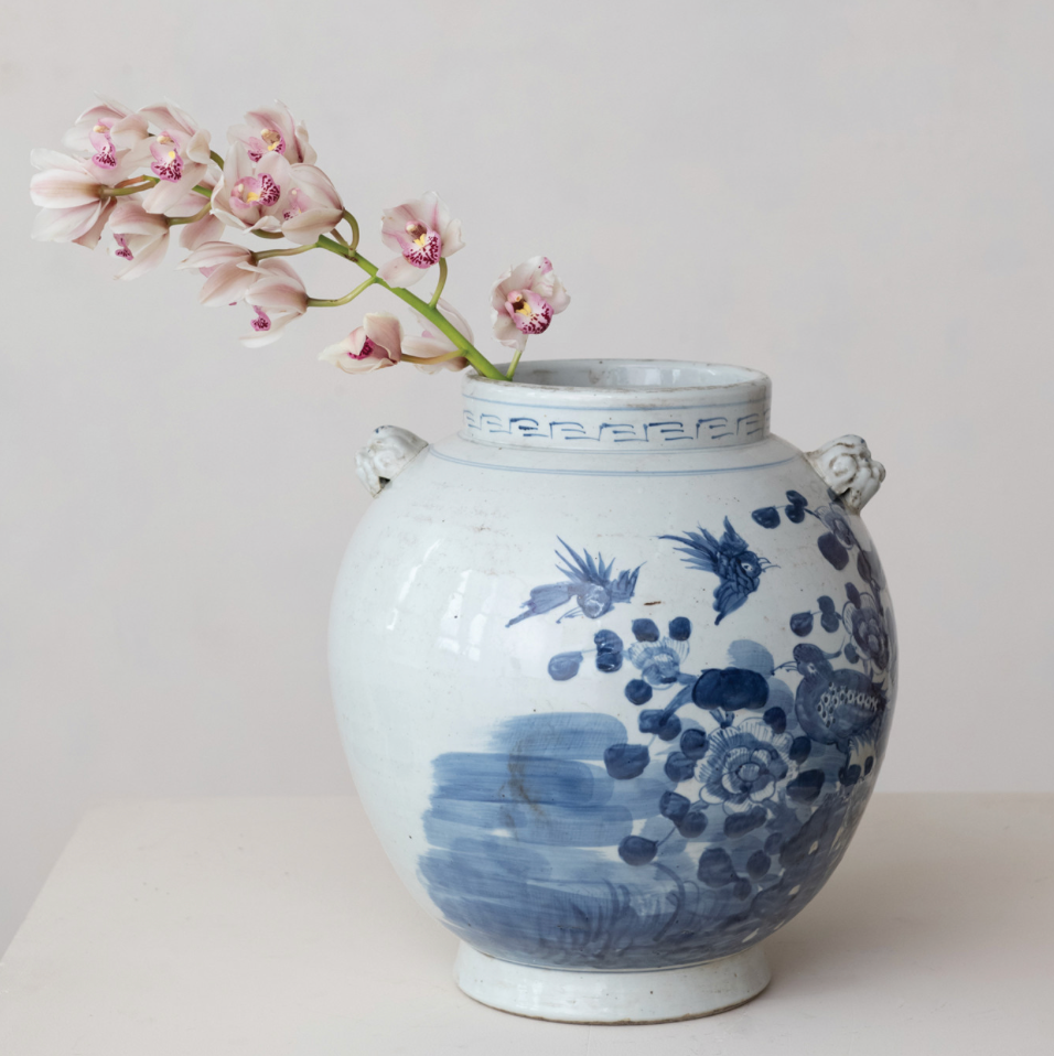Hand Painted Blue and White Stoneware Cachepot w/ floral pattern