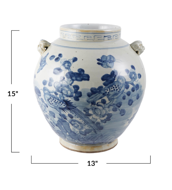 Hand Painted Blue and White Stoneware Cachepot w/ floral pattern