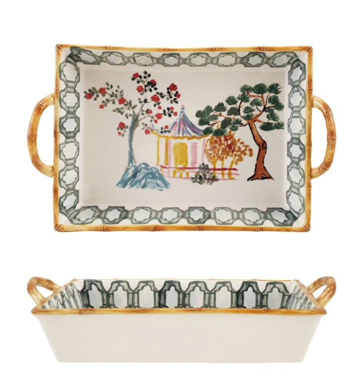 Hand Painted Stoneware Baker w/ House, Trees and Bamboo Handles