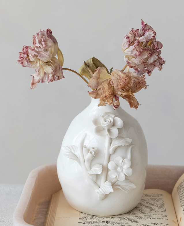 Stoneware Vase w/ 3D Flowers