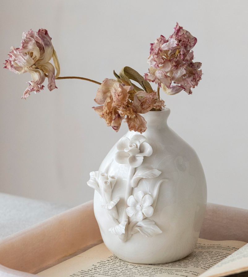 Stoneware Vase w/ 3D Flowers