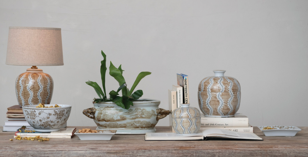 Brown Hand Painted Stoneware Planter w/ Landscape