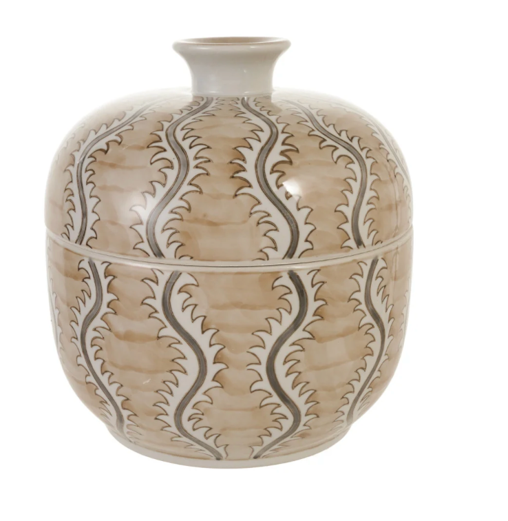 Tan Hand Painted Stoneware Jar w/ Design