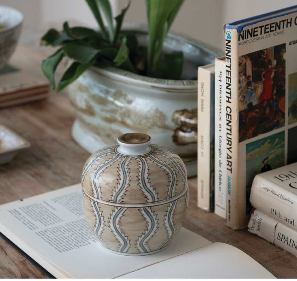 Tan Hand Painted Stoneware Jar w/ Design